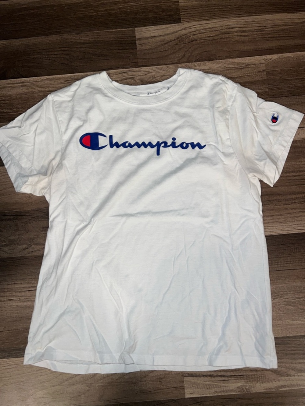 Champion White Tee with Blue Script and Red Accent